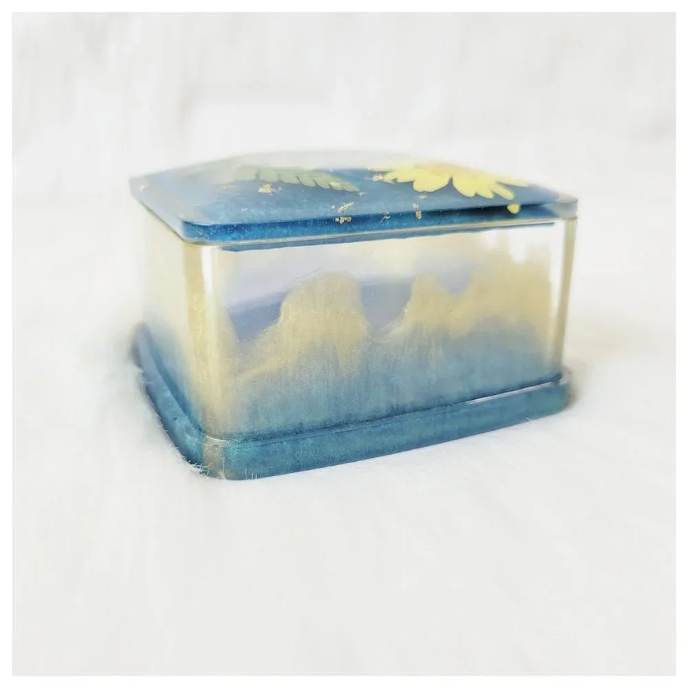 Floral Trinket Box Small Square Jewelry Box Stash Box Teal Blue Yellow Green